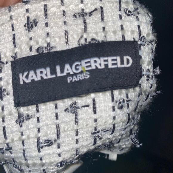 Karl Lagerfeld Paris White Fringe-Trimmed Tweed Zip Up Jacket Size Small - Picture 9 of 12